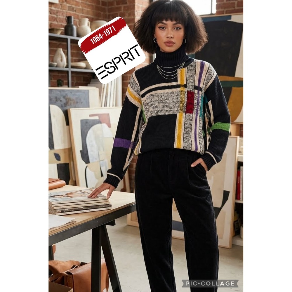 Vintage Esprit Colorblock Geometric Turtleneck Sweater Black Multi Knit Large